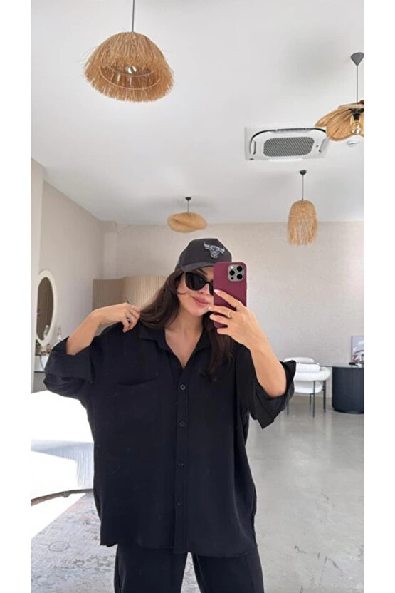 Kadın Flamlı Keten Tek Cep Oversızed Gömlek