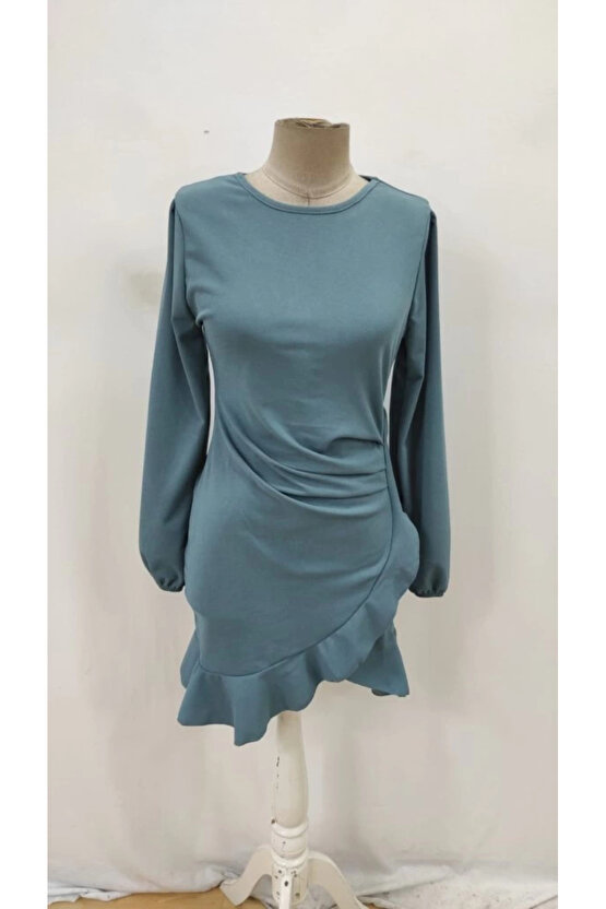 Kadın Uzun Kollu Bisiklet Yaka önden Volanlı Ithal Krep Elbise