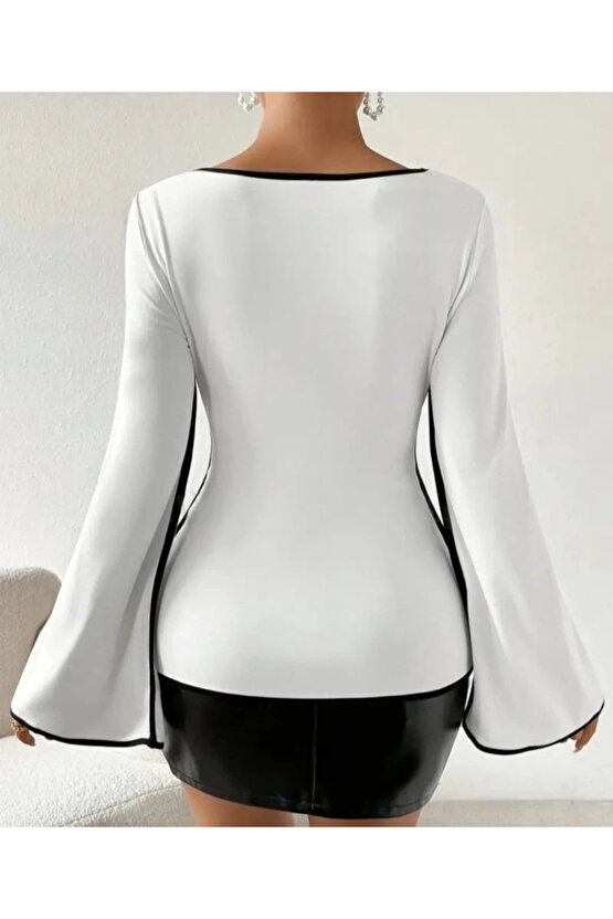 Kadın U Yaka Siyah şerit Detyalı Yarasa Kol Dalgıç Kumaş Arabiyeli Bluz