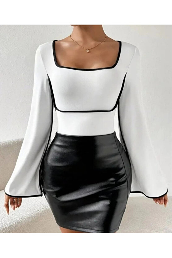 Kadın U Yaka Siyah şerit Detyalı Yarasa Kol Dalgıç Kumaş Arabiyeli Bluz