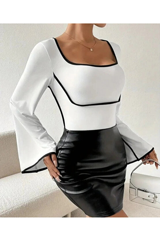 Kadın U Yaka Siyah şerit Detyalı Yarasa Kol Dalgıç Kumaş Arabiyeli Bluz