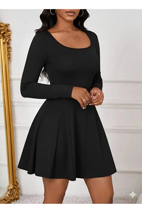 Kadın Uzun Kollu Kare Yakalı Mini Ithal Krep Elbise