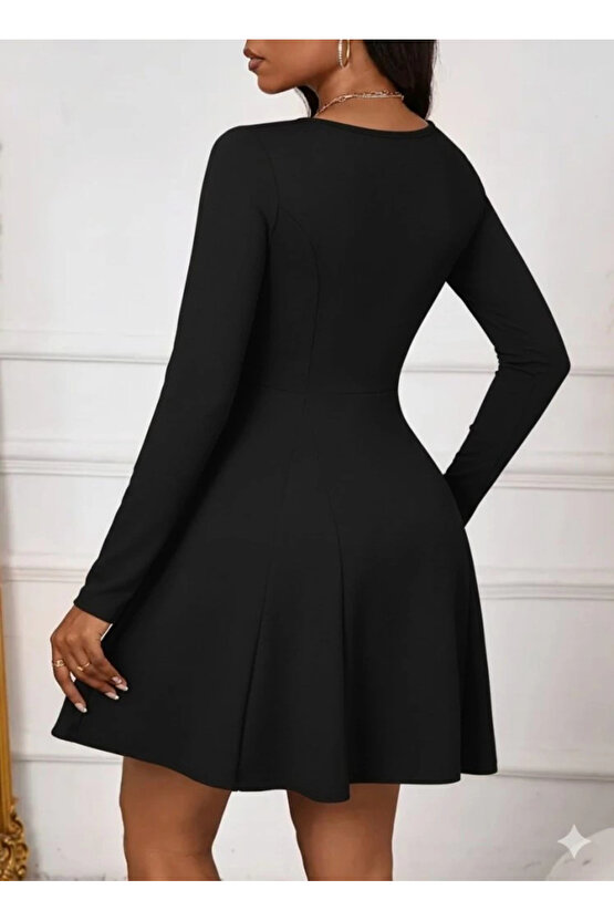 Kadın Uzun Kollu Kare Yakalı Mini Ithal Krep Elbise