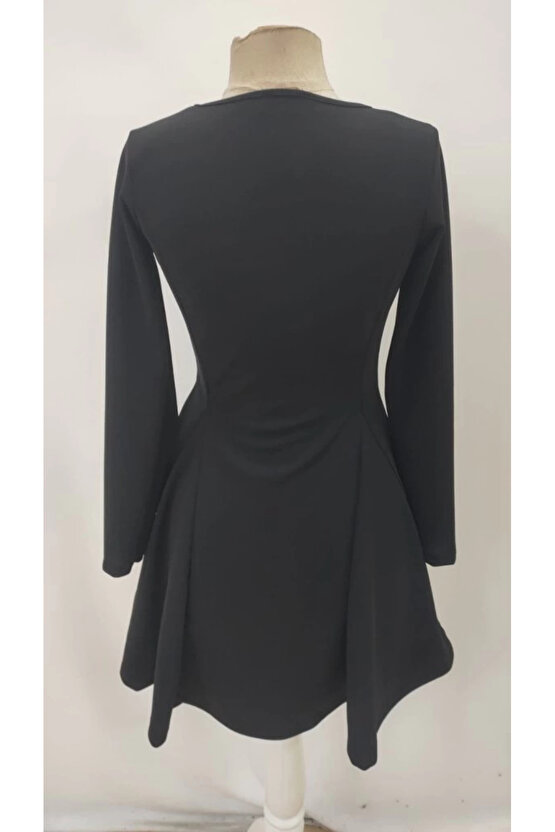 Kadın Uzun Kollu Kare Yakalı Mini Ithal Krep Elbise