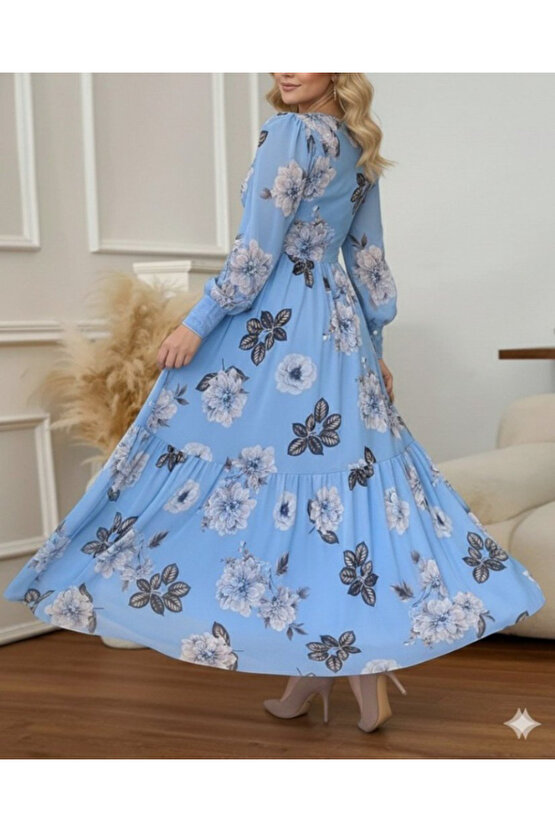 EQURİ Kadın Uzun Kollu V Yakalı çiçek Desenli Maxi Süprem Elbise