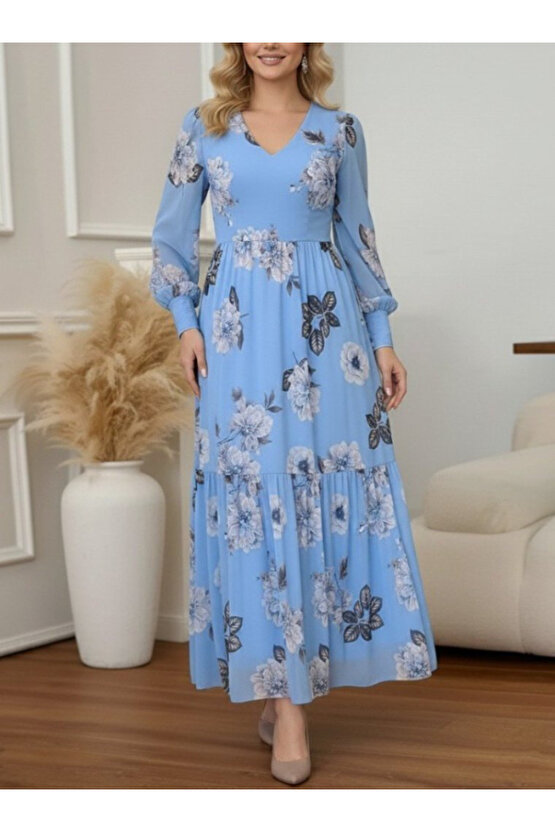 EQURİ Kadın Uzun Kollu V Yakalı çiçek Desenli Maxi Süprem Elbise