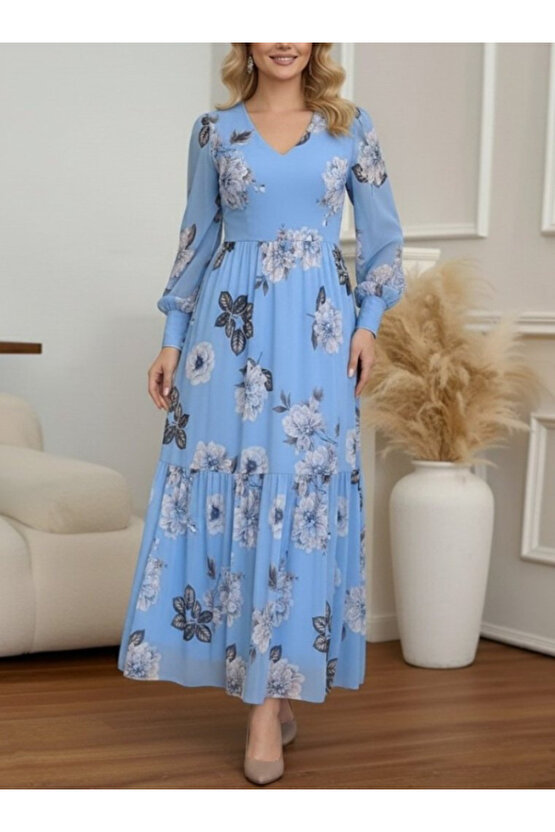 EQURİ Kadın Uzun Kollu V Yakalı çiçek Desenli Maxi Süprem Elbise
