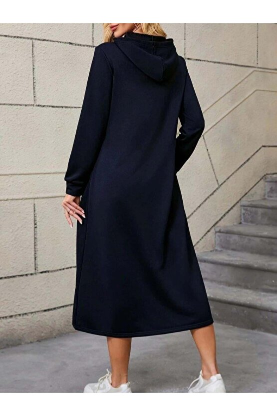 Kadın Uzun Kollu Kapşonlu Cep Detaylı Viskon Iki Iplik Maxi Elbise