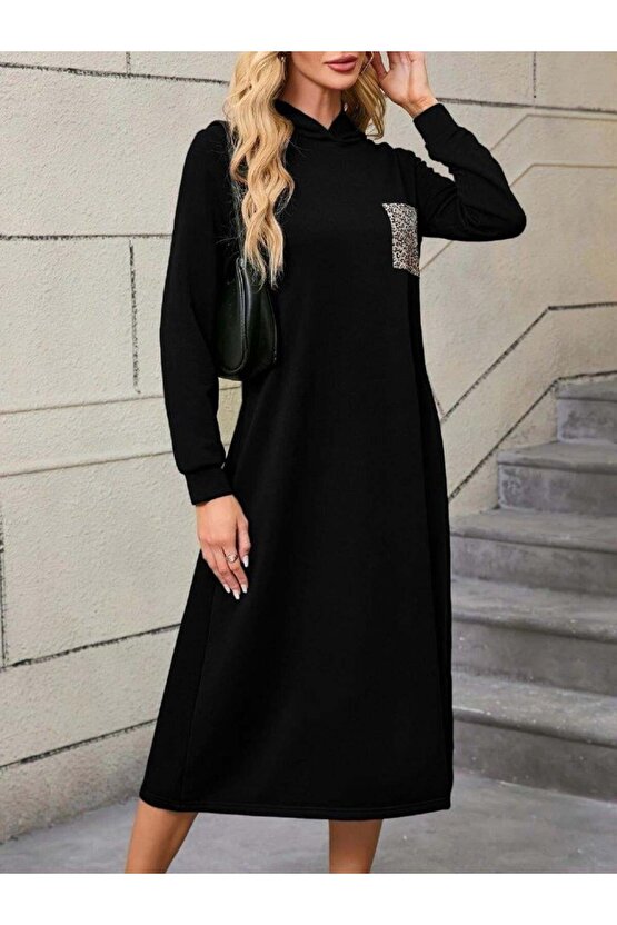 Kadın Uzun Kollu Kapşonlu Cep Detaylı Viskon Iki Iplik Maxi Elbise