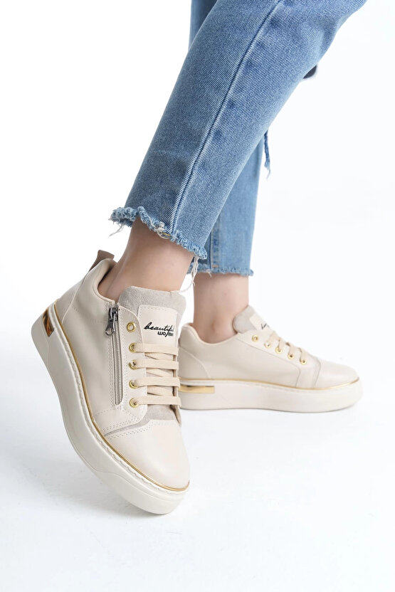 DINA Bağcıklı Fermuarlı Ortopedik Taban Kadın Sneaker Spor Ayakkabı CKT - KremAltın