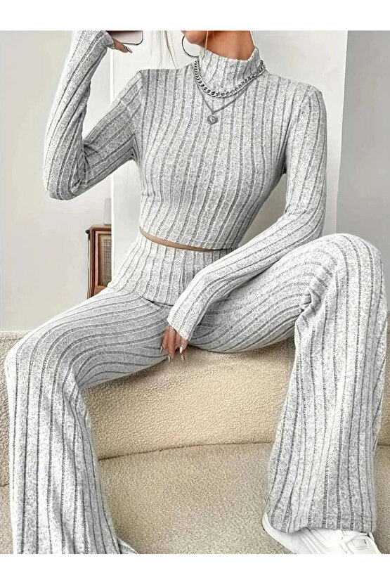 Kadın Uzun Kollu Balıkçı Yaka Krop Ve Pantolon şardonlu Kaşkorse Ikili Takım