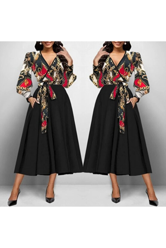 Kadın Uzun Kollu Kruvaze Yaka Dalgıç Krep Midi Boy Elbise