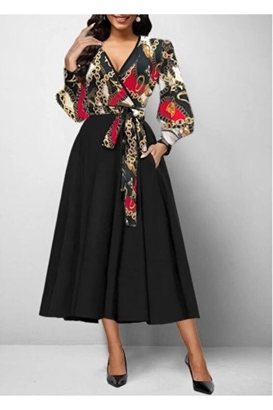 Kadın Uzun Kollu Kruvaze Yaka Dalgıç Krep Midi Boy Elbise