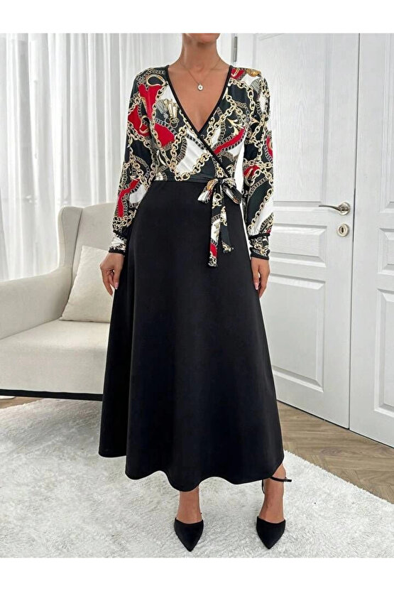 Kadın Uzun Kollu Kruvaze Yaka Dalgıç Krep Midi Boy Elbise