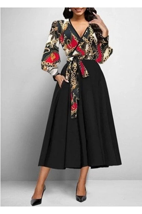 Kadın Uzun Kollu Kruvaze Yaka Dalgıç Krep Midi Boy Elbise