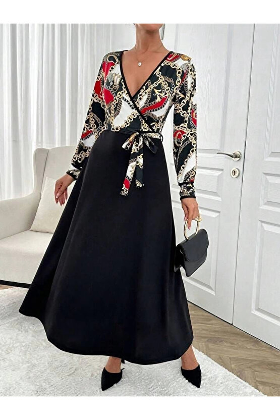 Kadın Uzun Kollu Kruvaze Yaka Dalgıç Krep Midi Boy Elbise