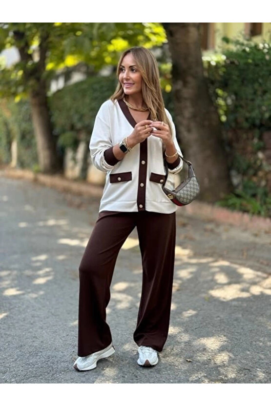 Kadın Uzun Kollu Ribanali Cep Detay Hırka Ve Bol Paça Pantolon Ikili Takım