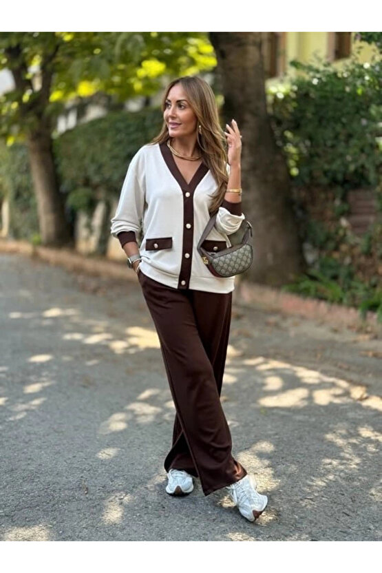 Kadın Uzun Kollu Ribanali Cep Detay Hırka Ve Bol Paça Pantolon Ikili Takım