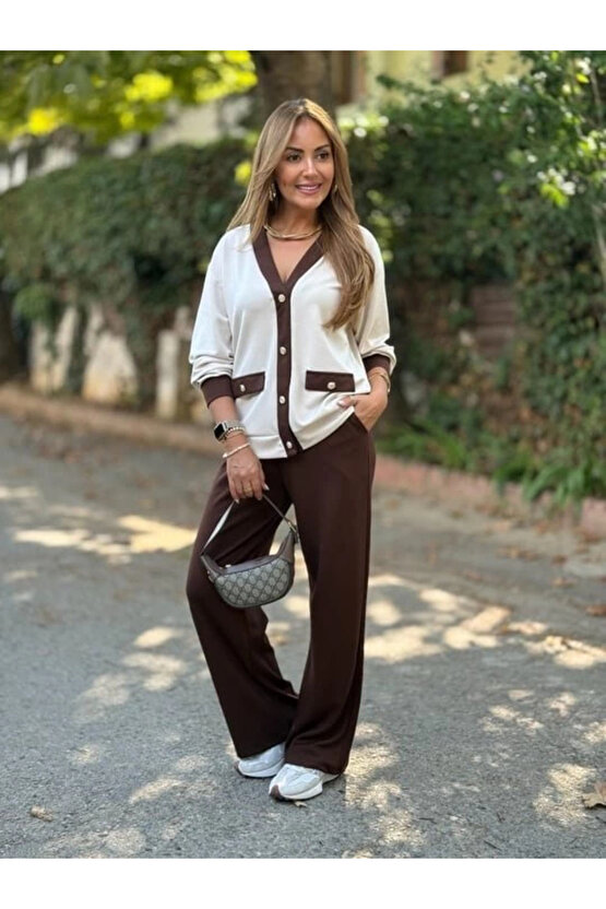 Kadın Uzun Kollu Ribanali Cep Detay Hırka Ve Bol Paça Pantolon Ikili Takım