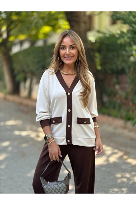 Kadın Uzun Kollu Ribanali Cep Detay Hırka Ve Bol Paça Pantolon Ikili Takım