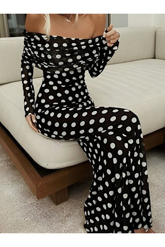 EQURİ Puantiyeli Tül İçi Astarlı Madonna Yaka Maxi Boy Elbise