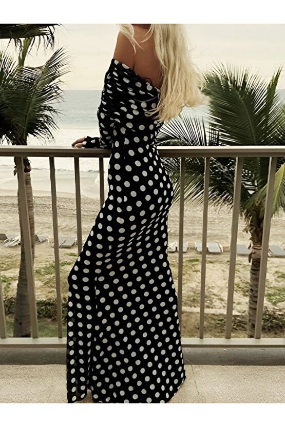 EQURİ Puantiyeli Tül İçi Astarlı Madonna Yaka Maxi Boy Elbise