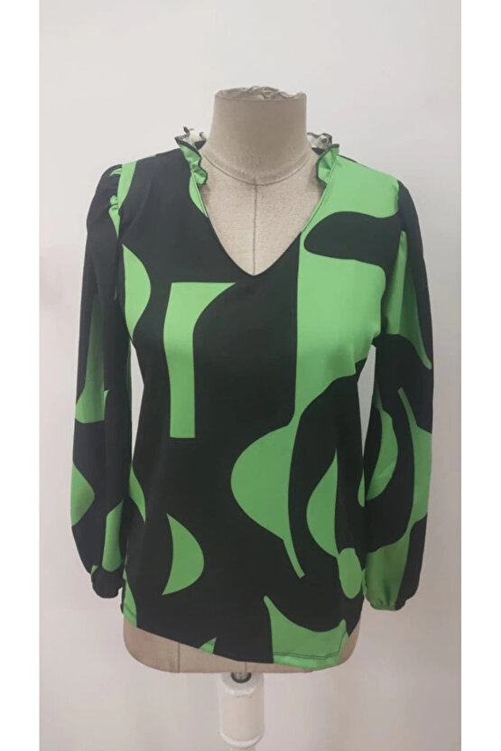 Kadın Uzun Kollu V Yakalı Desenli Modal Bluz