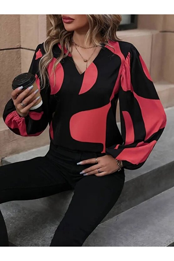 EQURİ Kadın Uzun Kollu V Yakalı Desenli Modal Bluz