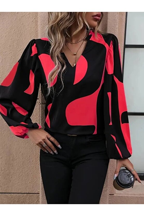 EQURİ Kadın Uzun Kollu V Yakalı Desenli Modal Bluz