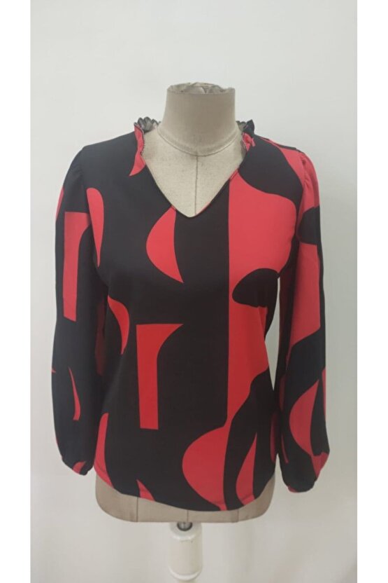 EQURİ Kadın Uzun Kollu V Yakalı Desenli Modal Bluz