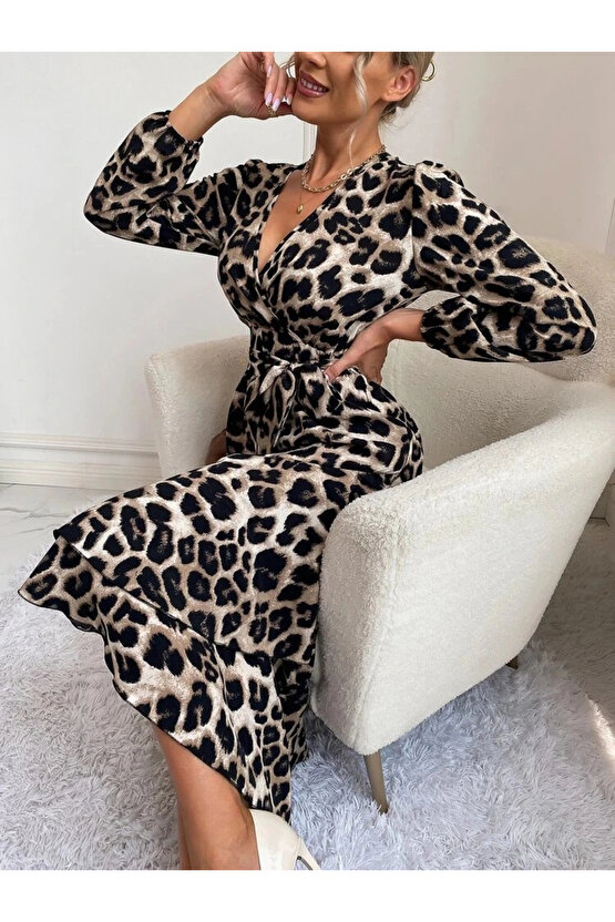 Kadın Uzun Kollu Kruvaze Yakalı Belden Kuşaklı Leopar