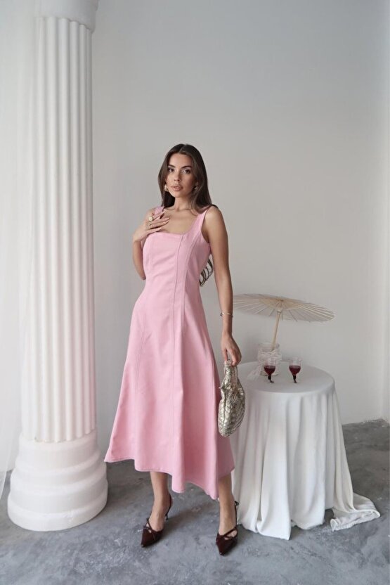 EQURİ Pembe Çift Dikişli Gabardin Elbise