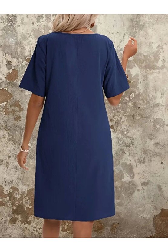 Kadın Kısa Kollu Yakası Açık önden Büzgülü Cep Detaylı Viskon Iki Iplik Elbise