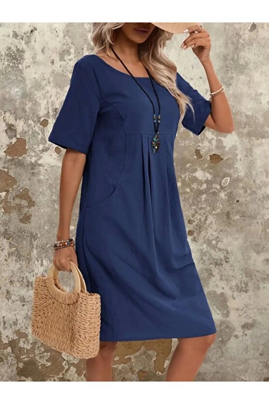 Kadın Kısa Kollu Yakası Açık önden Büzgülü Cep Detaylı Viskon Iki Iplik Elbise