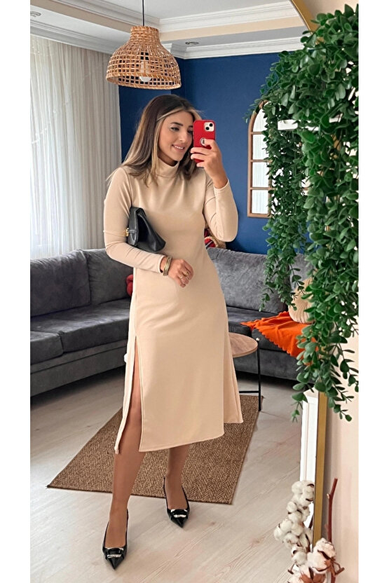 Kadın Uzun Kollu Balıkçı Yaka Derin Yırtmaç Detay Krep Elbise