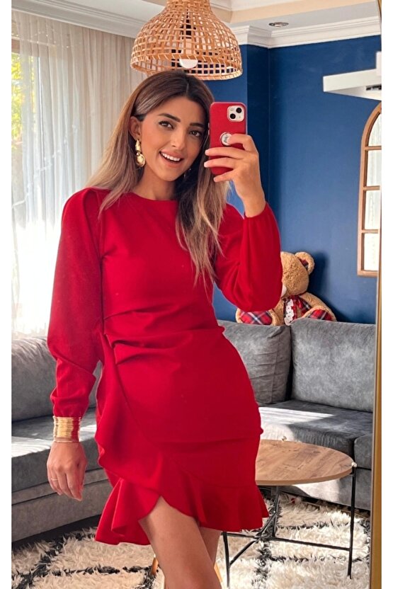 Kadın Uzun Kollu Bisiklet Yaka önden Volanlı Ithal Krep Elbise