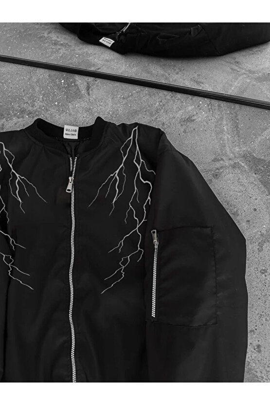 MDB Yıldırım Baskılı Uzun Kol Bomber Ceket iyah