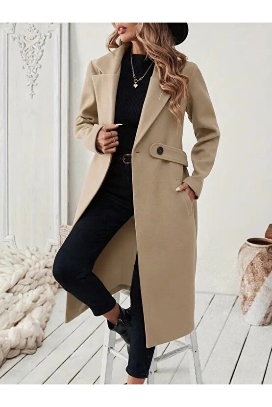 Kadın Uzun Kollu Yakalı Belde şerit Düğme Detaylı Cepli Mini Kaşe Kaban