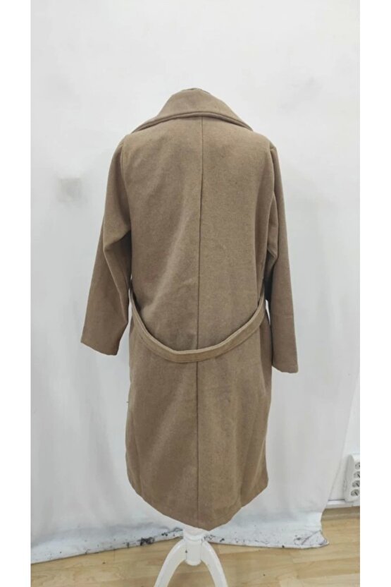 Kadın Uzun Kollu Yakalı Belde şerit Düğme Detaylı Cepli Mini Kaşe Kaban