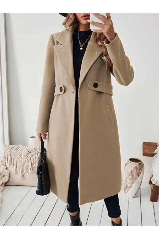 Kadın Uzun Kollu Yakalı Belde şerit Düğme Detaylı Cepli Mini Kaşe Kaban