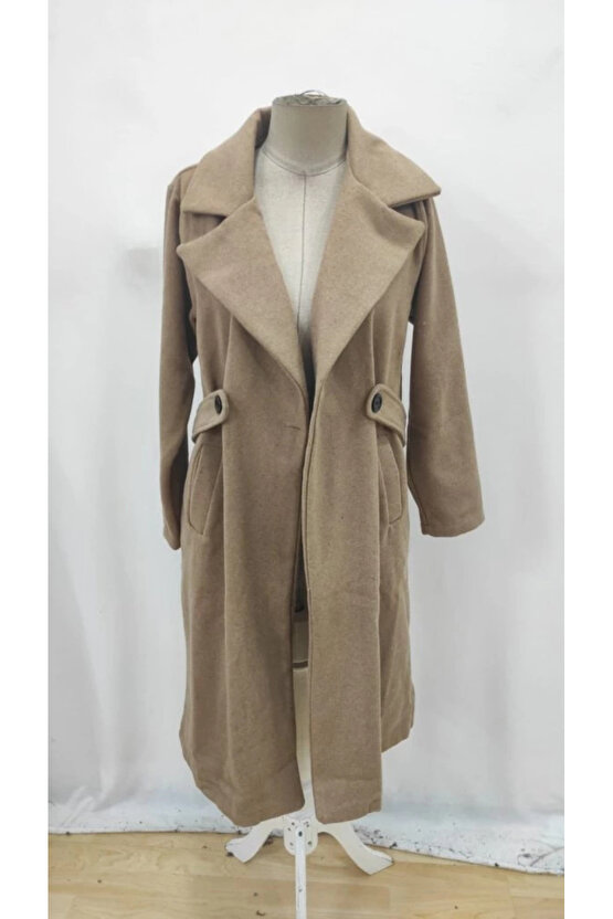 Kadın Uzun Kollu Yakalı Belde şerit Düğme Detaylı Cepli Mini Kaşe Kaban