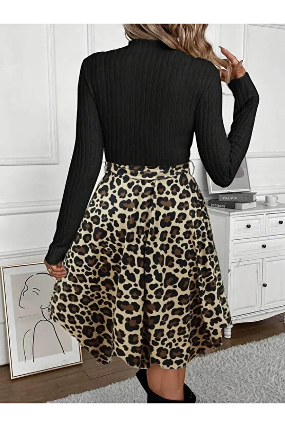 EQURİ Kadın Uzun Kollu Balıkçı Yaka Belden Bağlamalı üst Kaşkorse Eteği Dalgıç Elbise