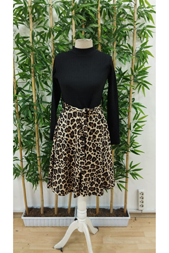 EQURİ Kadın Uzun Kollu Balıkçı Yaka Belden Bağlamalı üst Kaşkorse Eteği Dalgıç Elbise