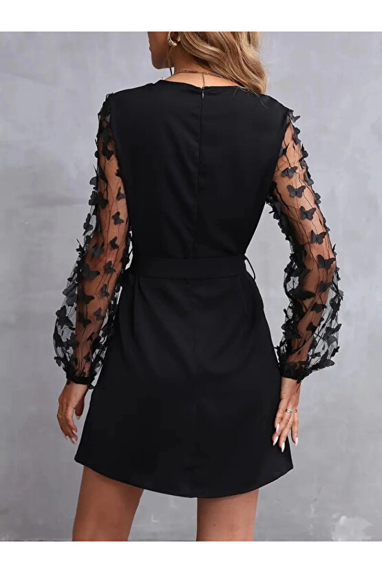 MDB Kadın Uzun Kollu Bisiklet Yaka Kollar Tül Kelebek Detaylı Ithal Krep Elbise