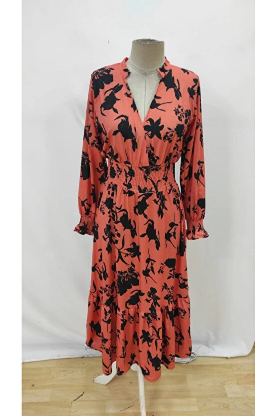 Kadın Uzun Kollu Kruvaze Yakalı çiçek Desenli Maksi Süprem Elbise