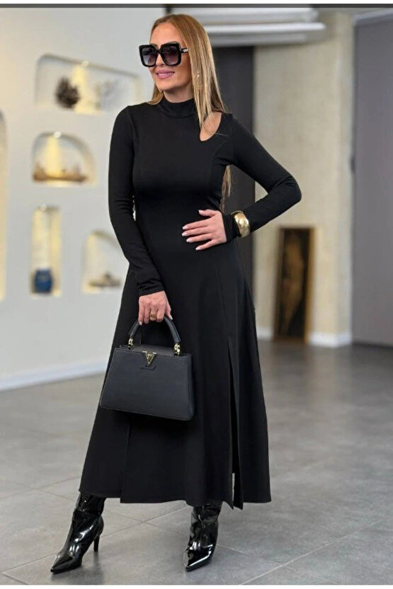 Kadın Balıkçı Yaka Damla Detaylı Yırtmaçlı Uzun Viskon Iki Iplik Maxi Elbise