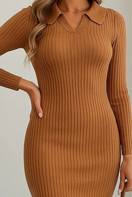Kadın Uzun Kollu Yakalı Triko Elbise