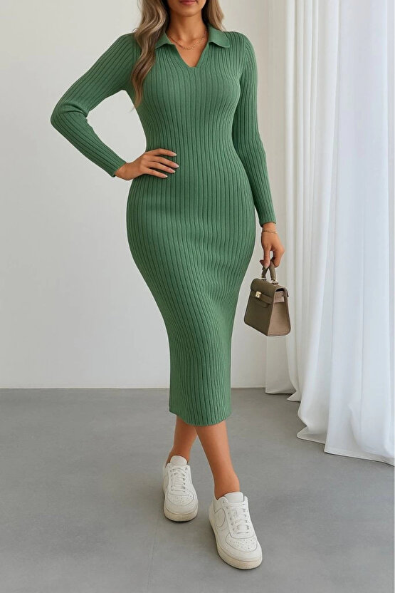 Kadın Uzun Kollu Yakalı Triko Elbise