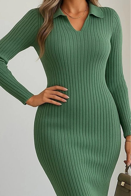 Kadın Uzun Kollu Yakalı Triko Elbise