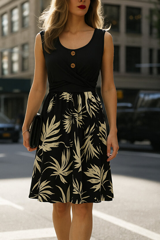 EQURİ Kadın Askılı Yuvarlak Yaka Düğmeli üst Viskon Alt Desenli Süprem Elbise